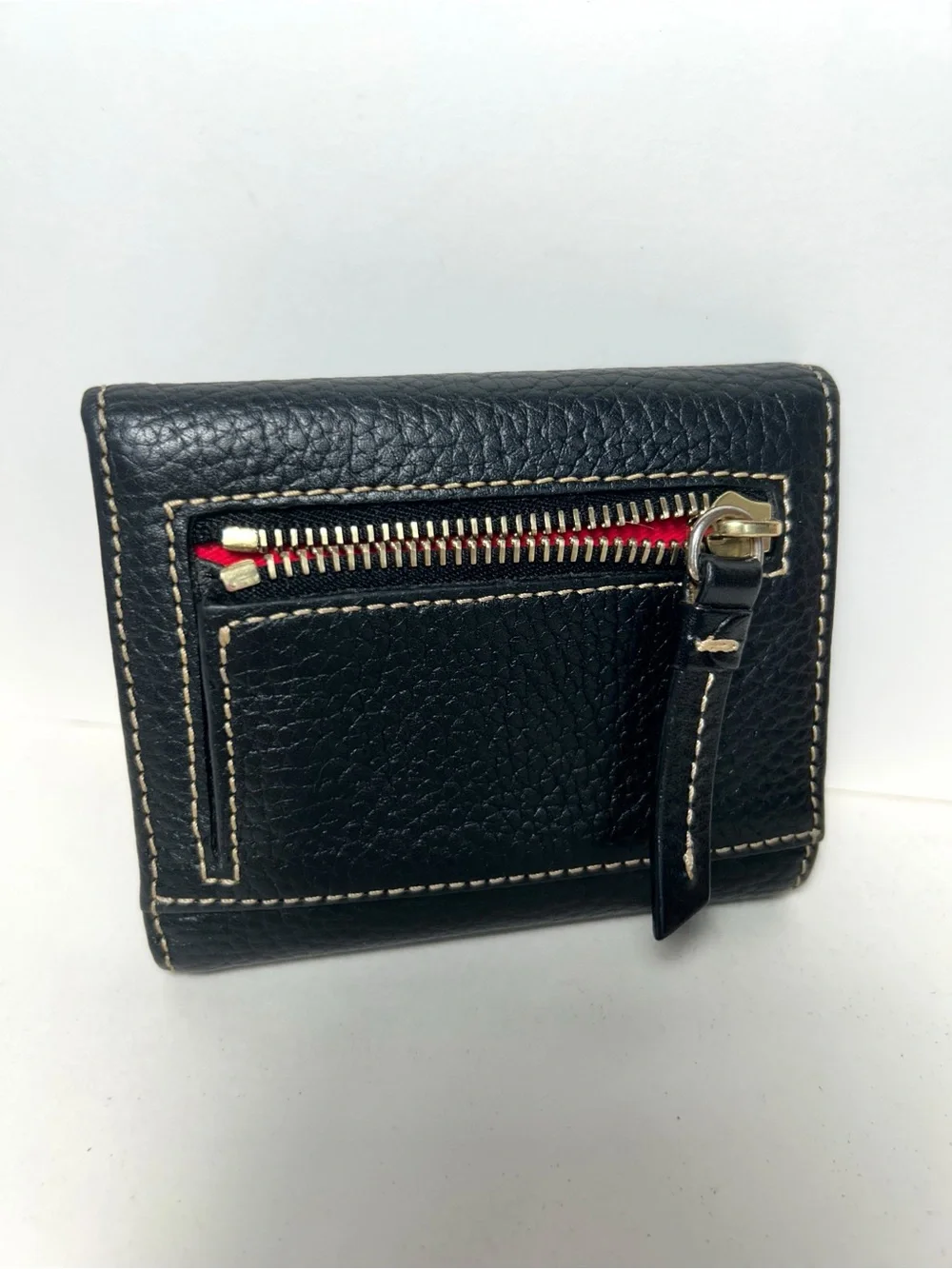 Dooney & Bourke Black Pebbled Leather Compact Trifold Wallet with Gold Plate EUC